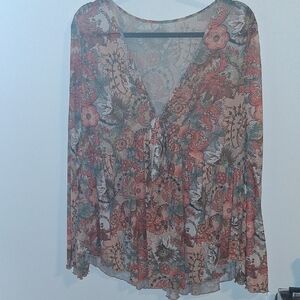 SHEIN Pink and Gray Long Sleeve Graphic Blouse